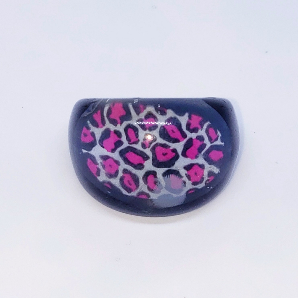 Lampworks Glass Ring Pink & Black Leopard Print Sz 6